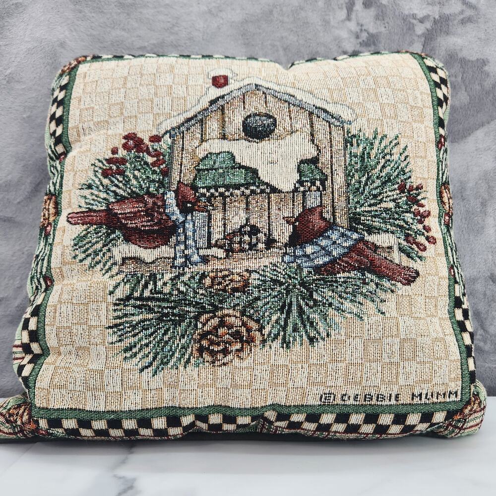 Birdhouse tapestry square pillow Debbie Mumm 15" x 15" winter scene cardinals